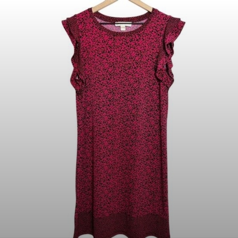 Floral Ruffle Sleeve Dress - Red Pink/Black